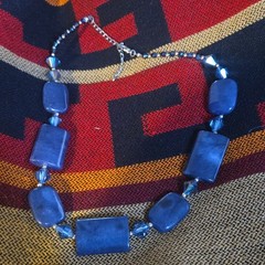 Blue Stone Rectangle Beaded Necklace Silver Tone Cable Chain Lobster Clasp