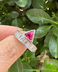 SYNTHETIC RUBY / PINK SAPPHIRE BAGUETTE RHINESTONES GEOMETRIC RING SILVER TONE