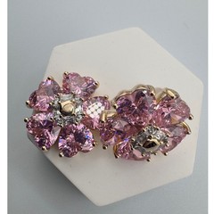 Pink Heart Petal Flower Stud Earrings 14K Gold Plated Cubic Zirconia Blossom