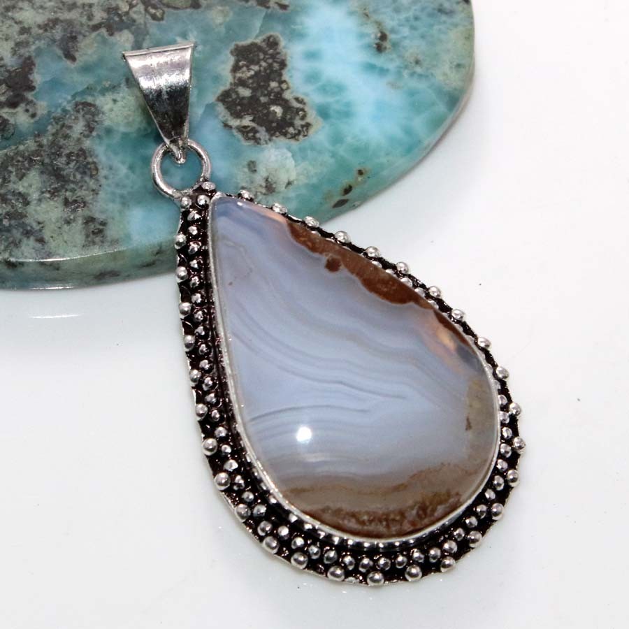 925 Silver Plated Botswana Agate Pendant 2″ Gemstone Jewelry Most Beautiful MJ