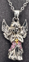 Necklace Silver Tone Angel Wearing Pink Skirt & Gold Cross 18″ + 2″ Extension