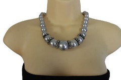 NEW Women Fashion Jewelry Short Necklace Grey Silver Imitation Pearl Beads