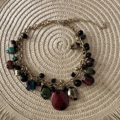 Multicolor Beaded Statement Necklace Gold Tone Chain Fashion Design