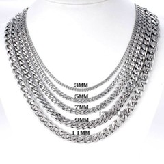 18-36” MEN Stainless Steel 3/5/7/9/11mm Silver Tone Cuban Curb Chain Necklace