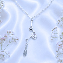Branch Sakura Flower Necklace Silver Chain Women Girls Feather Boho Jewellery