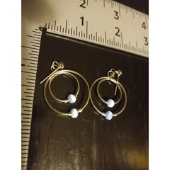 Double Hoop Earrings with Blue and White Bead Silver Tone
