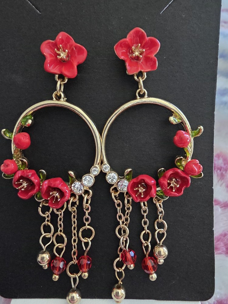 Red And Gold Floral Earrings With Dangle Strands With Crstal Stone Accents
