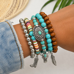 5PCS Boho Western Turquoise Beaded Stretch Bracelet Set Cow Skull Feather Boot