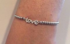 925 STERLING SILVER LOVE BEADED ELASTIC BRACELET W/ .75 CT LAB DIAMOND/ 8”