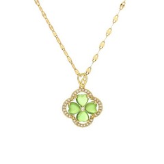 Green Four Leaf Clover Necklace Pendant Gold Tone with Clear Crystal Surround