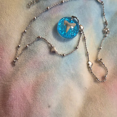 Silver Tone Adjustable Ball Chain Necklace Blue Resin Round Shark Tooth Charm