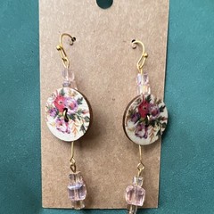 Floral Round Dangle Drop Hook Earrings Gold Tone Multicolor Metal Glass Beads