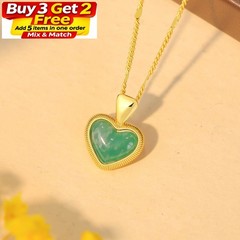 Green Jade Heart Pendant Necklace Charm 18K Gold Plated Chain Gemstone INS