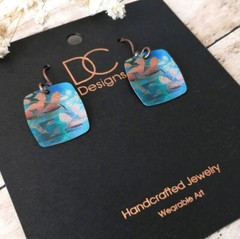 DC Designs Abstract Foliage Small Square Earrings in Teal and Brown 29NS Unique