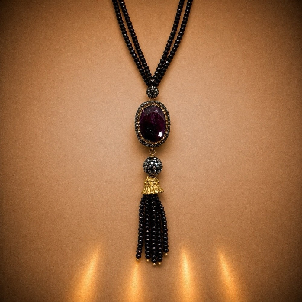 NEW Statement Black Beaded Tassel Necklace Amethyst Druzy And Quartz-reversible