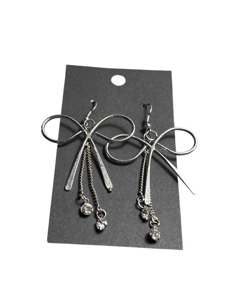 Silvertone Bow Chain Clear Rhinestone Dangle Earrings 2 inches