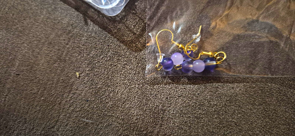 Purple Glass Round Bead Dangle/Drop Hook Earrings Pair, Metal Accents