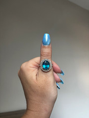 Silver Tone Oval Blue Stone Halo Cocktail Ring Size 6.5 Metal Jewelry