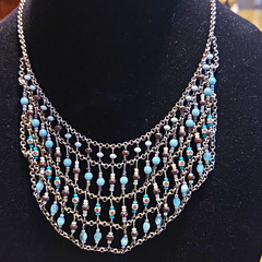 Silver Tone Multi-Strand Beaded Bib Statement Necklace Blue/White. J1