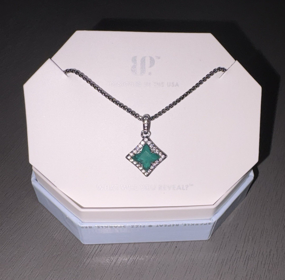 IP Hematite Plated Lab Green Emerald & Quartz Square Charm Necklace 18″ NK98727