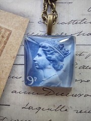 Handmade Authentic Postmarked Queen Elizabeth Postage Stamp Glass Tile Necklace