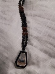 Black & Brown Plastic Ball Bead Necklace w/ Asymmetrical Charm Pendant