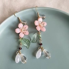 Pink Cherry Blossom Sakura Flower Dangle Earrings Gold Tone Floral Drop Jewelry