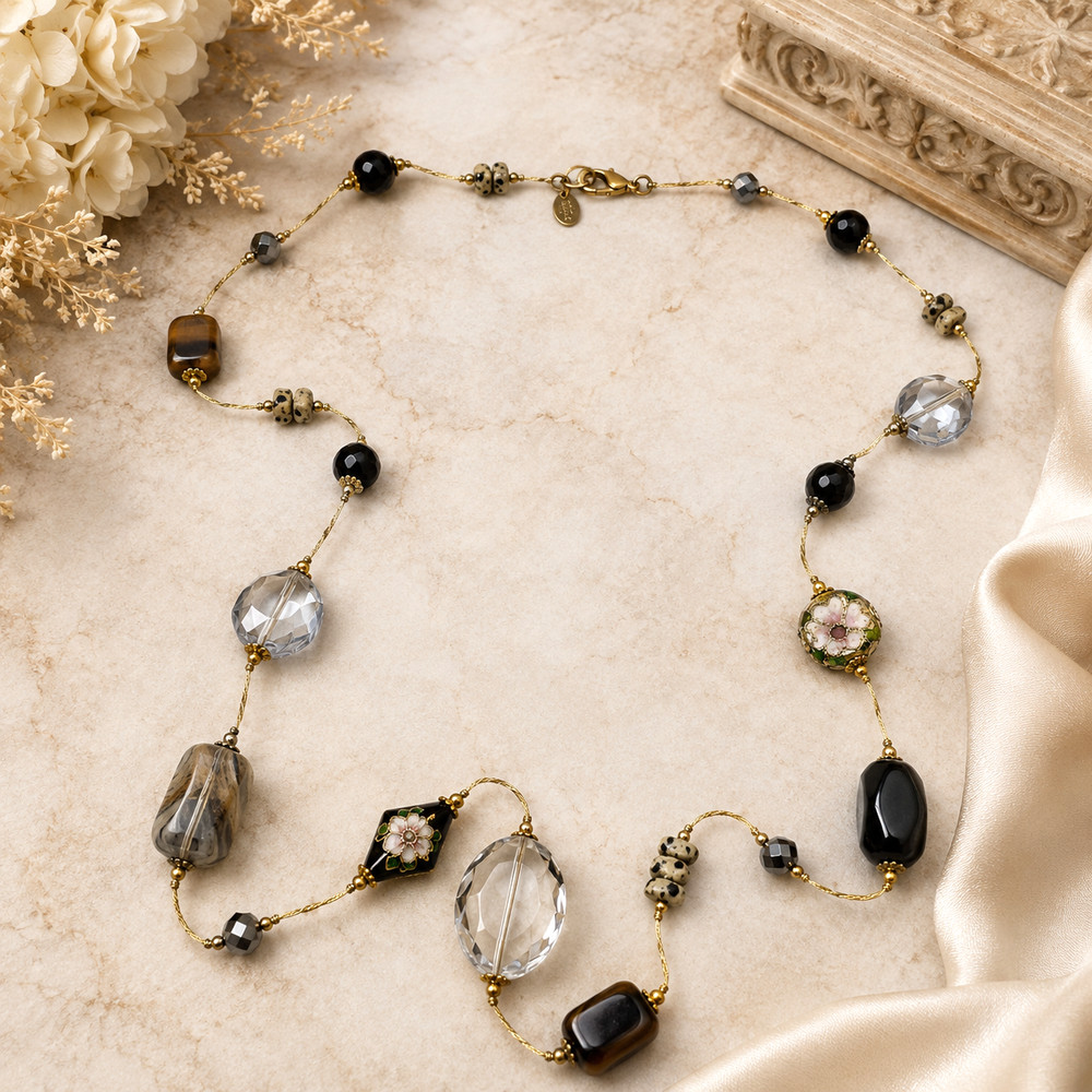 Premier Designs Retired Cloisonné Dalmatian Jasper Crystal Station Necklace 30″