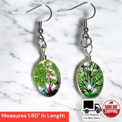 Dried Pressed Green Resin Plant Tree Oval Dangle French Hook Earrings 1.8″ Gift