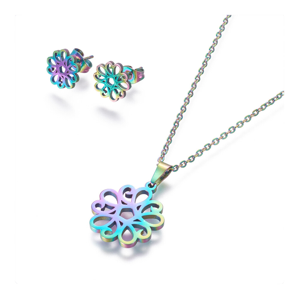 Stainless Steel Set Stud Earring Pendant Necklace Flower 17.7″ Pin 0.8mm P489
