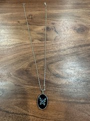 Vintage Avon Oval Butterfly Pendant Necklace Blue Crystal Black