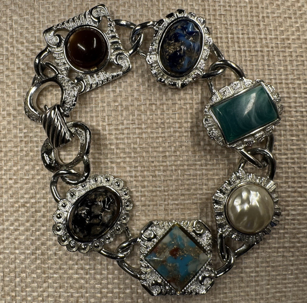 SarahCov Signed Silver Tone Multicolor Gemstone Link Charm Toggle Bracelet 7in