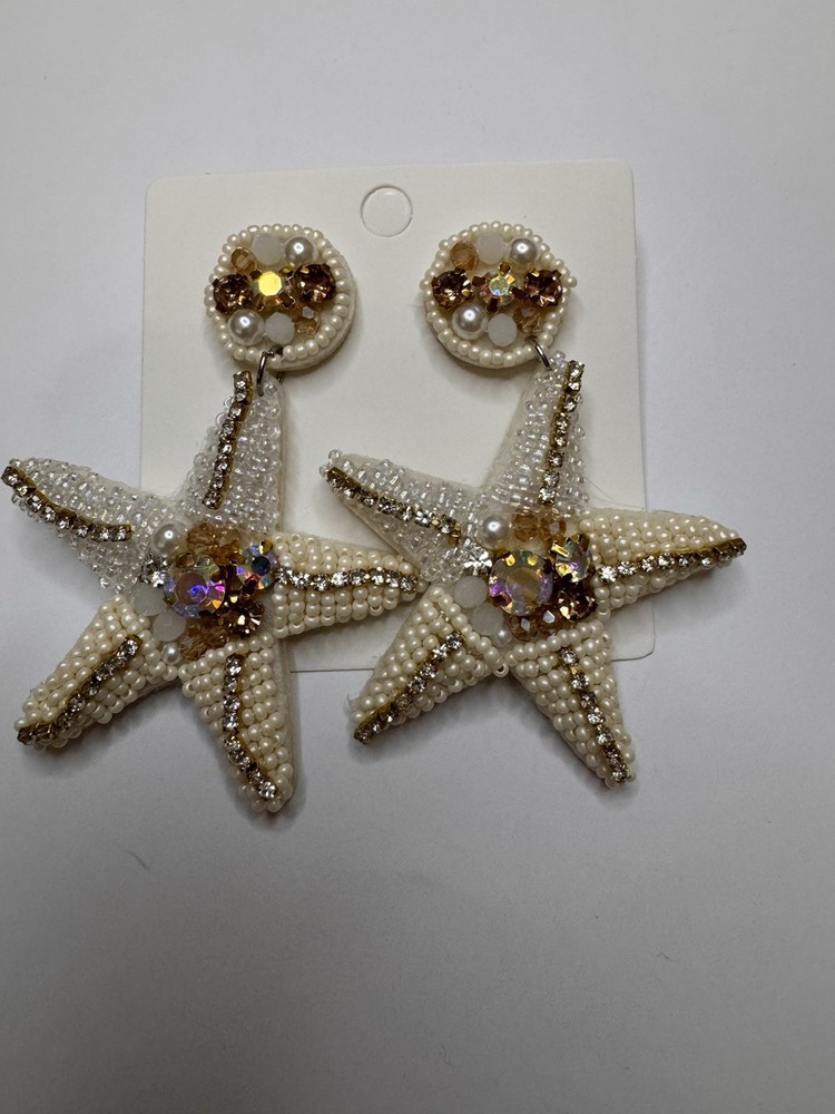Beaded Starfish Statement Drop Earrings Faux Pearl Rhinestone Coastal Beach NWT