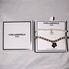 KARL LAGERFELD PARIS Set of 2 Beaded Charm Bracelets Gold White Crystal Pearl
