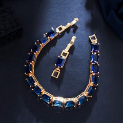 New Rectangle Shape Ocean Blue Topaz Gems Charm Women Bracelets Yellow Gold