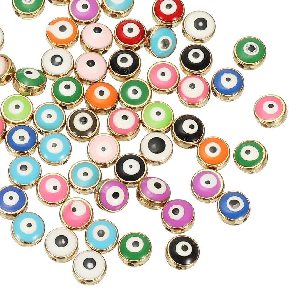 60 Pcs 8mm Flat Round Evil Eye Beads with Golden Edge, Mix Color