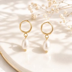 Freshwater Pearl Huggie Hoop Earrings 18K Gold Plated Waterproof Hypoallergenic