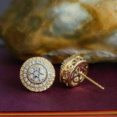 Gorgeous Halo Stud Earring Round Cut Simulated Diamond In 14k Yellow Gold Plated