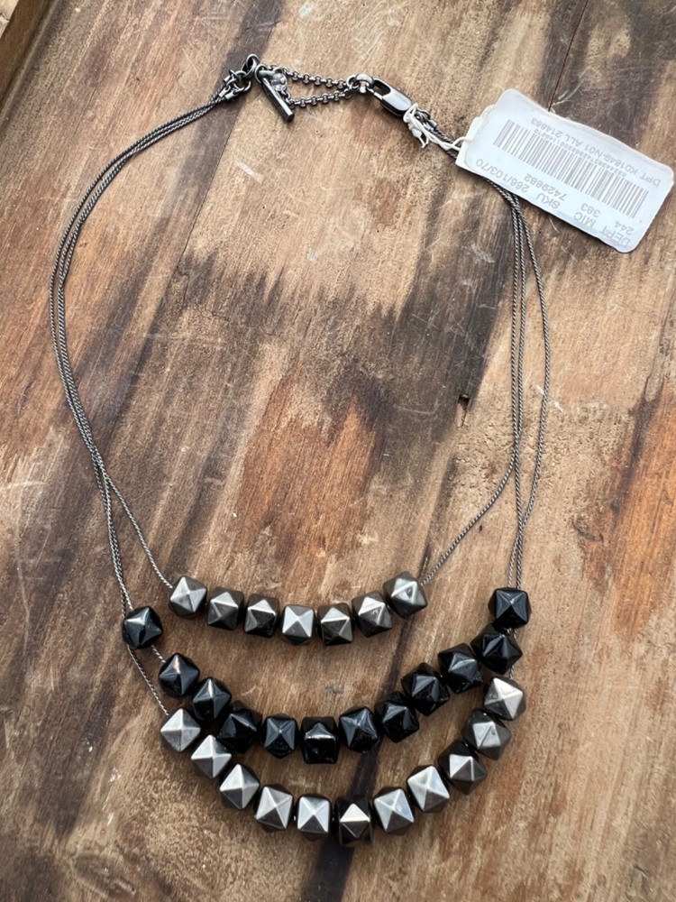 KENNETH COLE THREE LAYER CHAIN FACETED CUBE BEADED BLACK DARK GRAY NECKLACE 20″