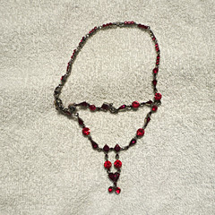 Red Crystal Beaded Y-Drop Tassel Necklace, Silver Plated Cable Chain Lobster