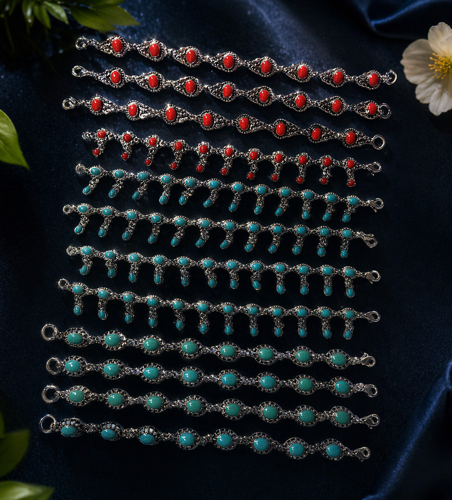 Vintage Style Turquoise & Red Stone Bracelet Lot 10pcs Bulk Western Southwestern