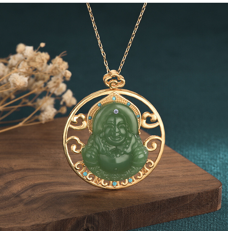 Jade Pendant Necklace Buddha Crystal Charm W/ 18K Gold Plated Chain Gemstone