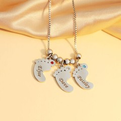 Personalized Engraved Name Necklace Baby Feet With Birthstone Jewelry For Mother