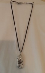 Black Cord Necklace Rectangular White & Gray Speckled AgateStone Charm Pendant