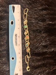 Gold Tone Bar Link Charm Bracelet Dangle Oval Glass Stones Bezel 7in