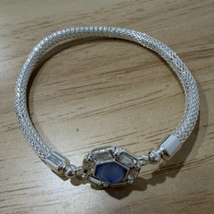 Silver-Tone Metal Mesh Bangle Bracelet with Blue Hexagon Stone