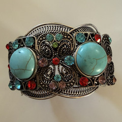 Statement Cuff Bracelet Silver Tone Wire Woven Turquoise Cabochons & Crysta