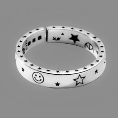 Smiley Face Moon & Stars Resizable Ring Retro Fashion Jewelry Thai Silver NEW!