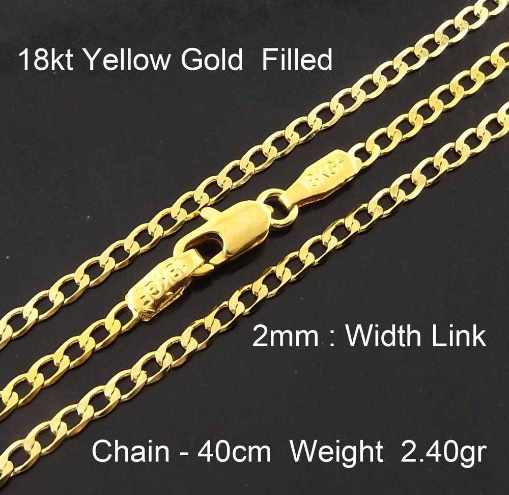 Necklace Real 18Kt Yellow Gold Filled Solid 2mm Curb Cuban Chain 40 cm : 16 inch