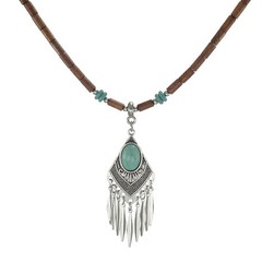 Western Black or Turquoise Pendant with Brown Wood Boho Necklace, Length Choice